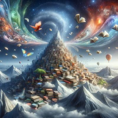 The primary subject of the image is a large stack of books, which is the main focus of the scene. The setting is a cloudy sky, and the visual style is digital art. The colors and mood of the image are predominantly dark and moody, with the stack of books standing out against the cloudy backdrop.
